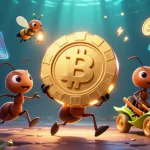Tupaiwin ants carry a giant poker chip in a vibrant 3D casino illustration, showcasing a gambling heist.