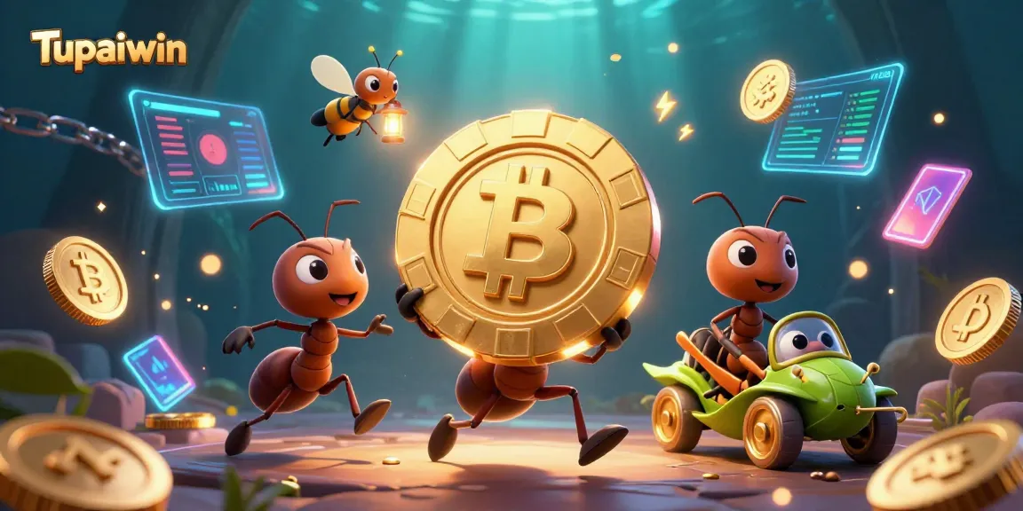 Tupaiwin ants carry a giant poker chip in a vibrant 3D casino illustration, showcasing a gambling heist.