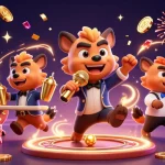 Join the fun at Okfun with lively hyenas in a vibrant casino scene, showcasing excitement and gaming.