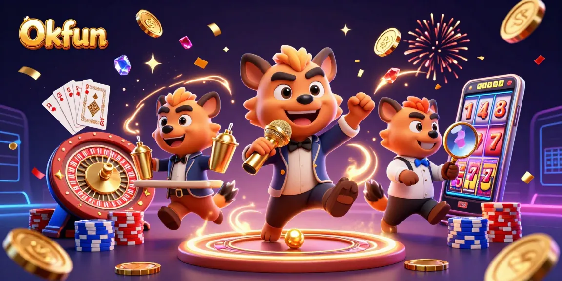 Join the fun at Okfun with lively hyenas in a vibrant casino scene, showcasing excitement and gaming.