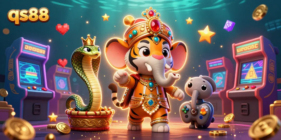 Win big at qs88 while immersing in a vibrant 3D casino scene featuring mythical characters and arcade games.