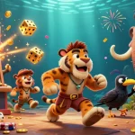 Join S8TV in a vibrant prehistoric casino scene with sabertooth tigers and gold treasures.
