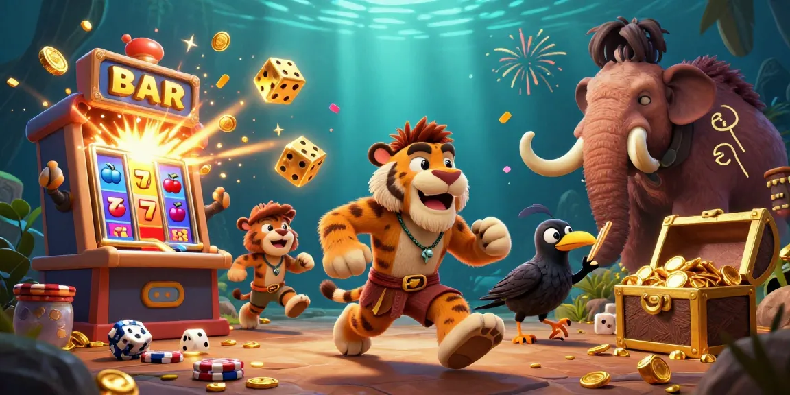 Join S8TV in a vibrant prehistoric casino scene with sabertooth tigers and gold treasures.