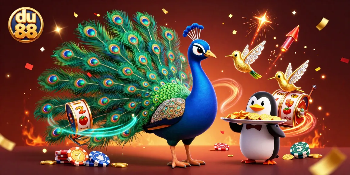 Engage with du 88's vibrant casino world featuring a peacock, penguin butler, and hummingbird in an energetic gaming scene.