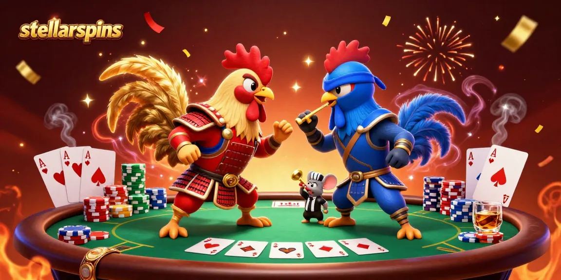 Engage with stellarspins as roosters battle in a vibrant, action-packed 3D casino scene.