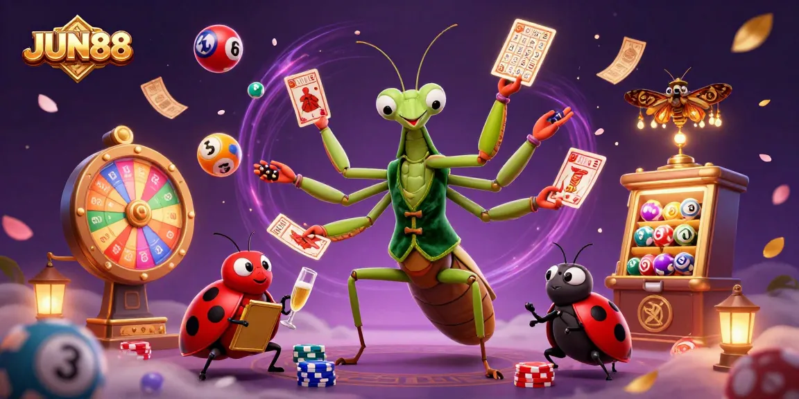 Engage with JUN88's vibrant casino scene featuring dynamic card games and colorful lottery elements.