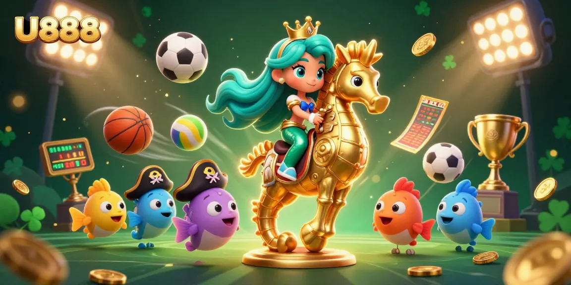 U888 offers engaging gameplay featuring intricate scenes with a mermaid and a seahorse amidst dynamic sports elements.