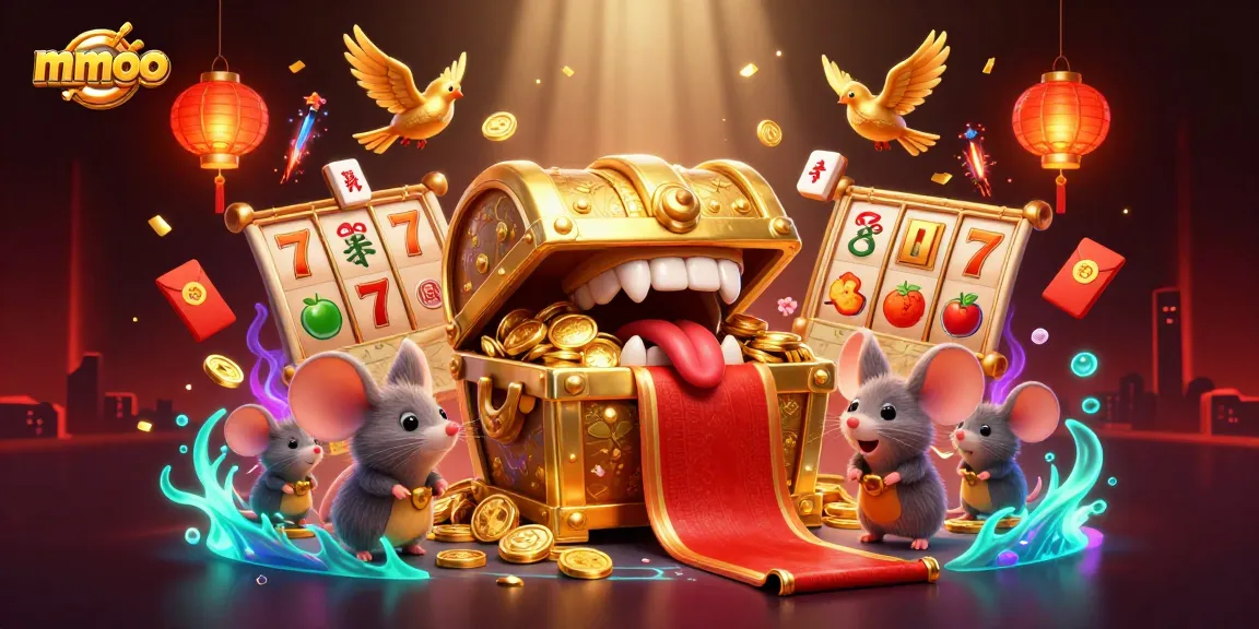 Experience mmoo's vibrant jackpot celebration with 3D treasure and gaming excitement.