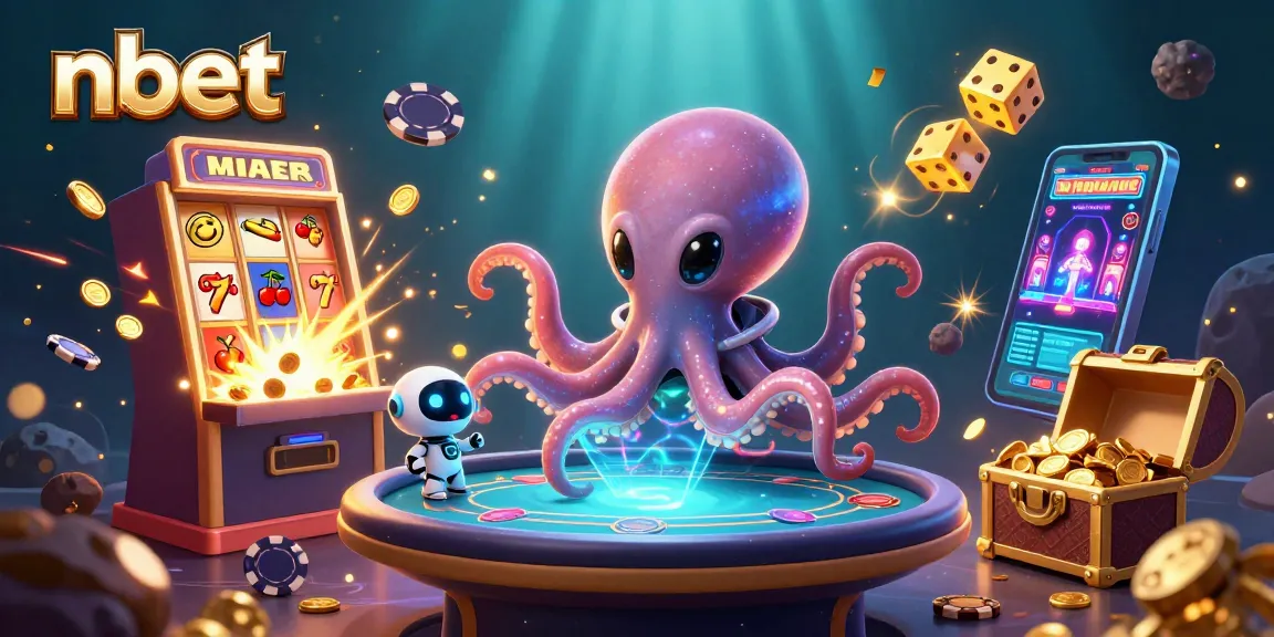 Engage with nbet's thrilling alien-themed casino illustration featuring animated characters and games.