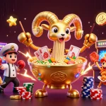 Okfun's vibrant casino illustration featuring excited characters dealing cards and stacking chips in a colorful, dynamic scene.