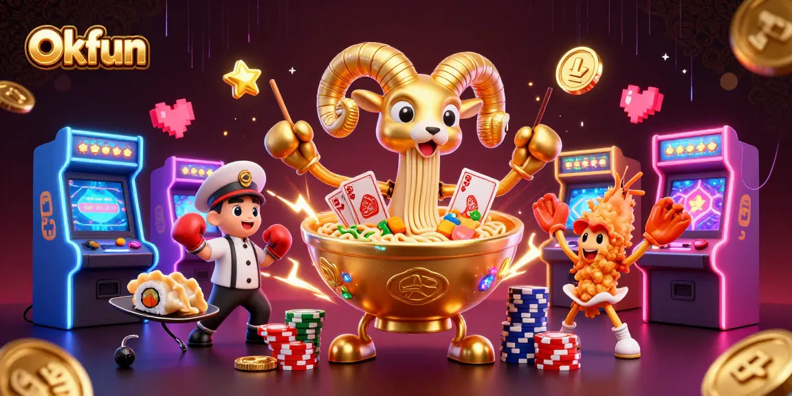Okfun's vibrant casino illustration featuring excited characters dealing cards and stacking chips in a colorful, dynamic scene.