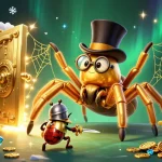Engage in thrilling MM99 action with a vibrant 3D casino scene showcasing a spider weaving golden webs and treasures.