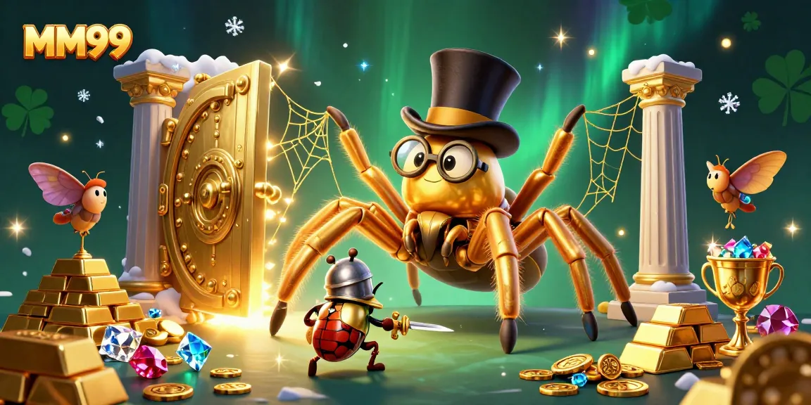 Engage in thrilling MM99 action with a vibrant 3D casino scene showcasing a spider weaving golden webs and treasures.
