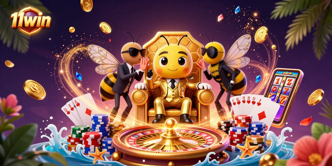 Experience 11win's engaging atmosphere with a 3D cartoon mob boss surrounded by thrilling casino elements.