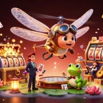 11win showcases a dynamic casino scene with a dragonfly pilot and a frog dealer amidst vibrant slot and treasure elements.