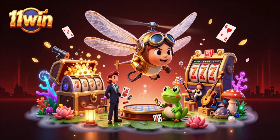 11win showcases a dynamic casino scene with a dragonfly pilot and a frog dealer amidst vibrant slot and treasure elements.