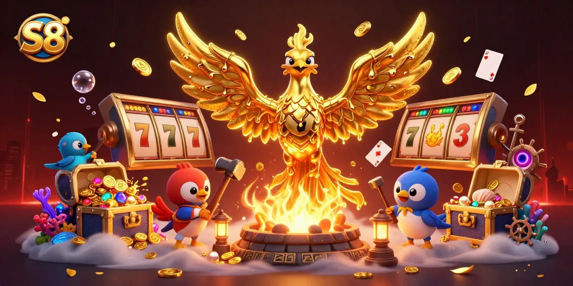 Win big with S8 in this vibrant 3D casino scene featuring a golden phoenix and slot reels