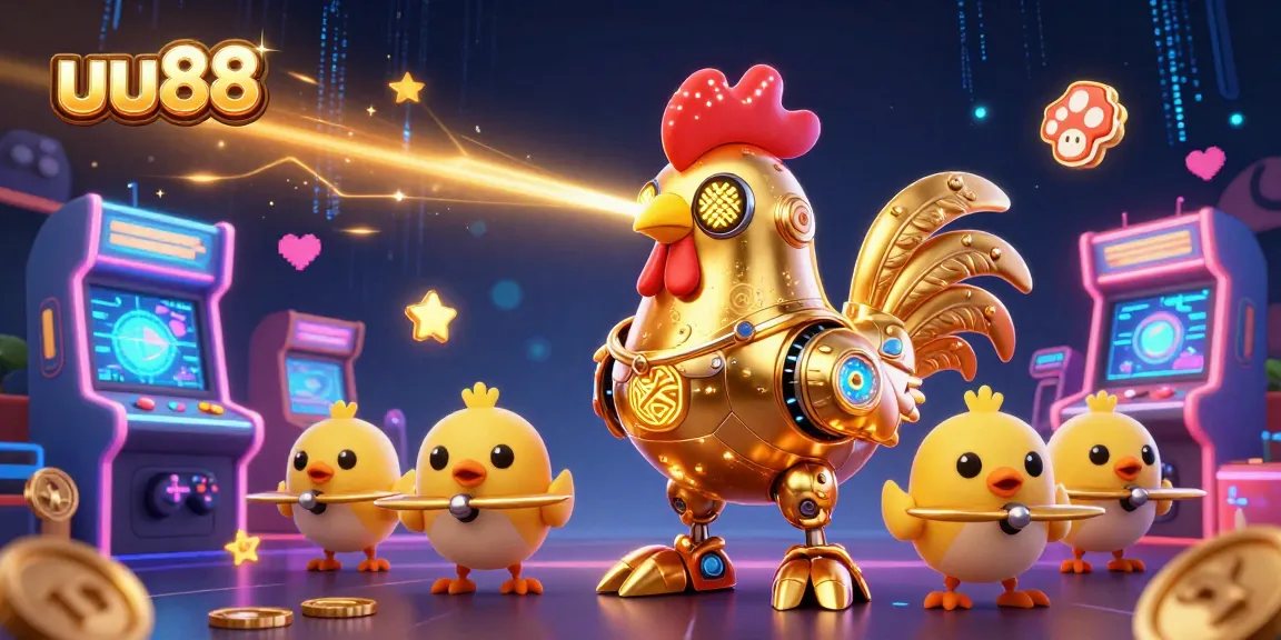Engage with uu88's exciting gaming experience featuring a golden rooster robot and vibrant game elements.